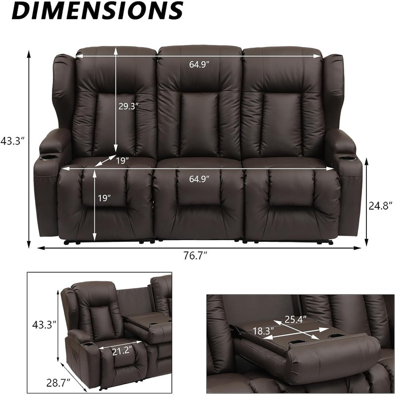 76.7'' Faux Leather Reclining Sofa, Brown Faux leather