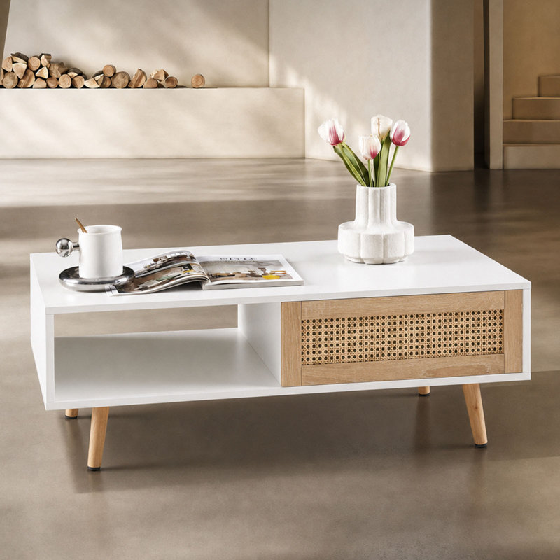 Table basse rectangulaire de 105 cm (41,3 po) avec rangement en rotin et pieds en bois massif, style minimaliste moderne