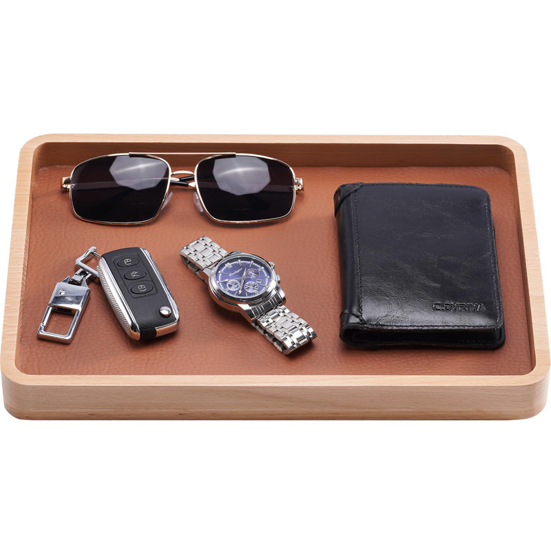Wooden Valet Tray For Men, Nightstand, Entryway Bedside Dump Holder, For Wallets, Keys, Watches, Phones, Loose Change, Lightbrown