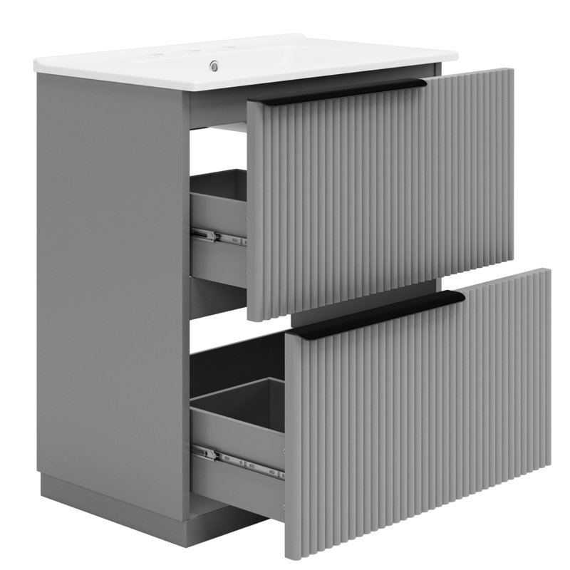 Meuble-lavabo gris 30 po avec tiroirs d'extension, glissières de tiroir à fermeture en douceur, cuve en céramique séparée, finition lustrée de 6 po de profondeur, meuble-lavabo à déversement de 17,5 po, gris, avec lavabo, système double, fonction,
