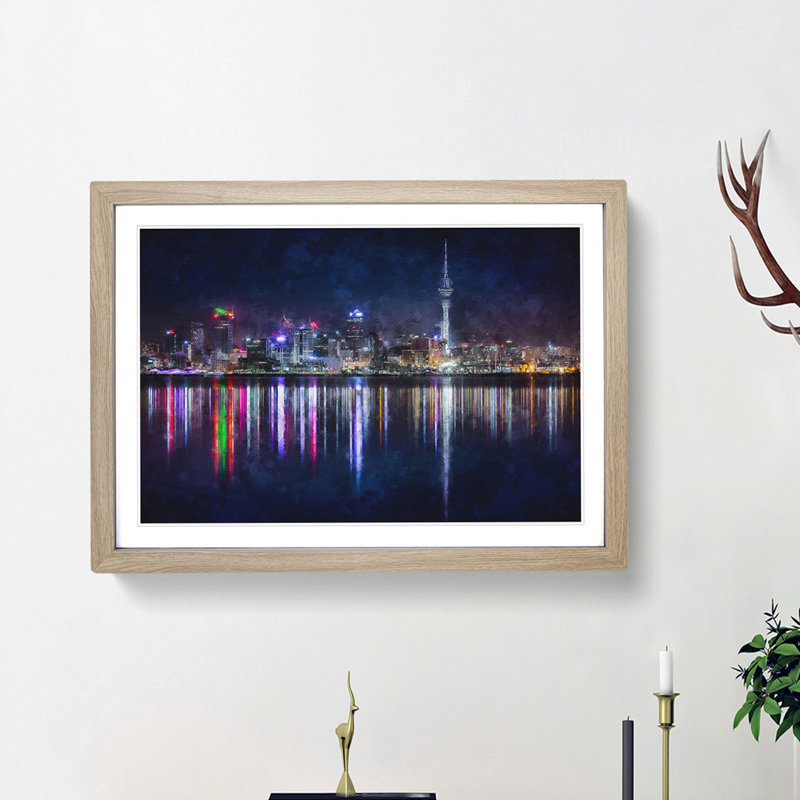 Reflections of the Auckland Skyline - Picture Frame Painting Print, 24cm H x 33cm W x 2cm D, Oak Framed