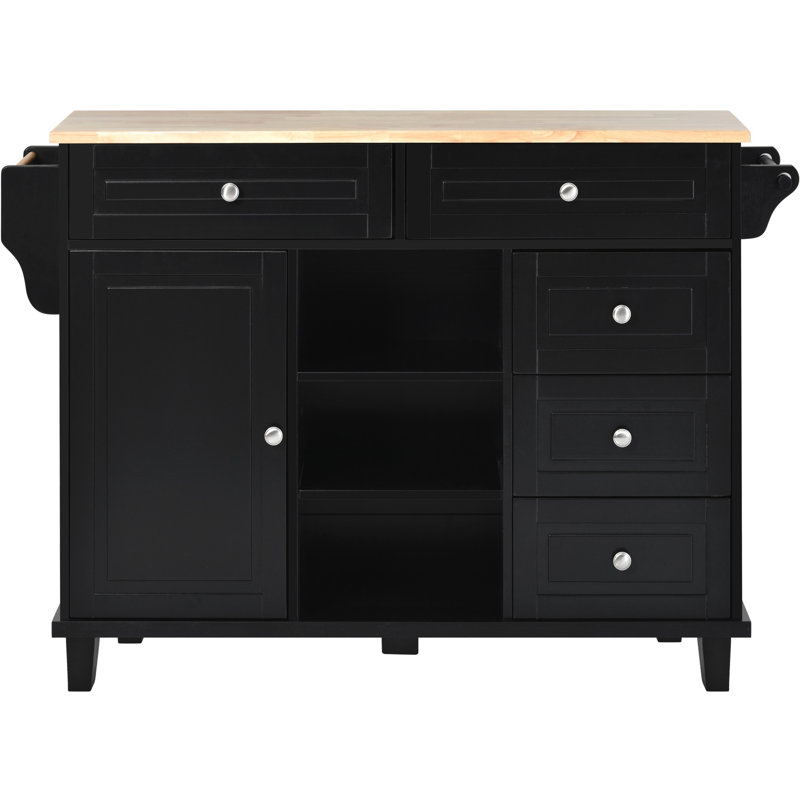 Kitchen Cart With Rubber Wood Desktop Rolling Mobile Kitchen Island, Black