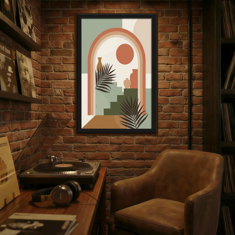 Abstrait arche du désert avec vases et feuilles de palmier, H 30 po x l 20 po
