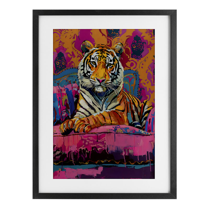 «Lounging Tiger» sur fond rose encadré sous verre, design par LSR Design Studio, H 20 po x l 14 po, Cadre noir minuit