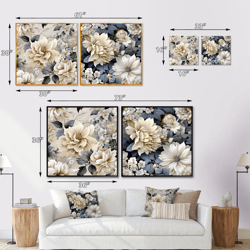 Shelbie - Ensemble de 2 collages floraux carrés, Toile tendue, H 36 po x l 73 po