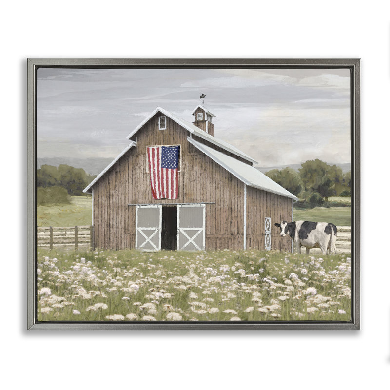 Art mural sur toile flottante Patriotic Barn & Cow par Amber Sterling, H 25 po x l 31 po, Cadre flottant gris lustré