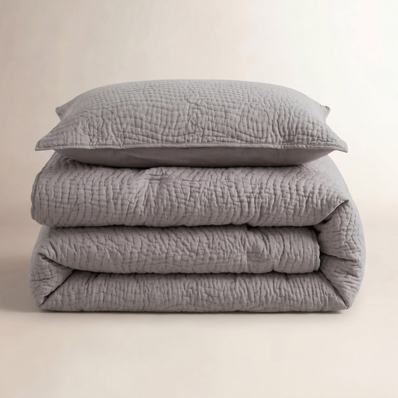 Cotton Wave Hand Stitch Quilt Set, Twin Quilt + 1 Standard Sham, Silver