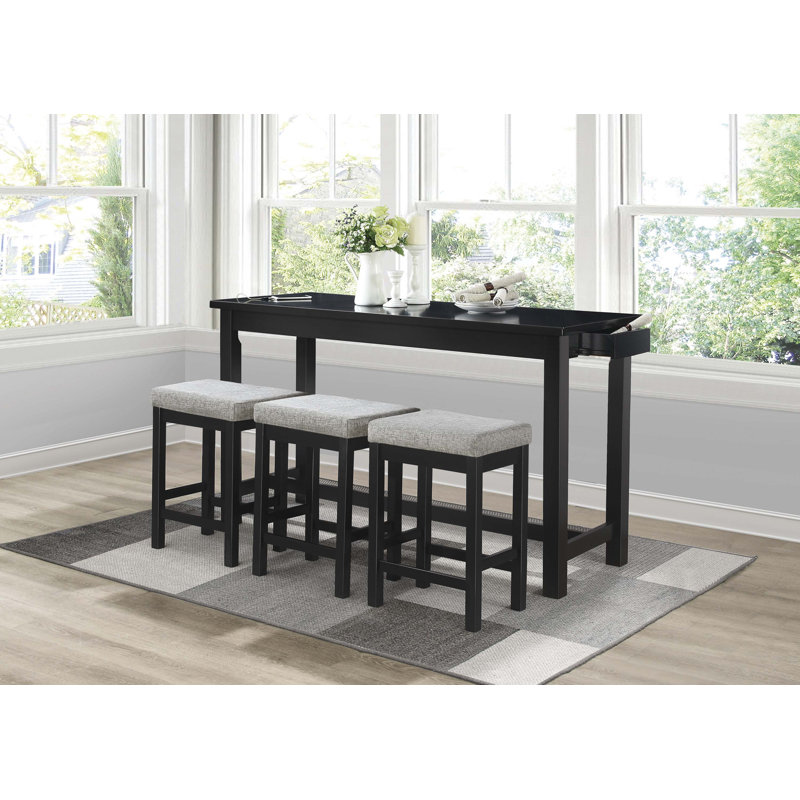 4pc Counter Height Dining Set Black Finish Counter Height Table w Drawer Built-in USB Ports Power Outlets and 3 Stools Casual Dining Furniture
