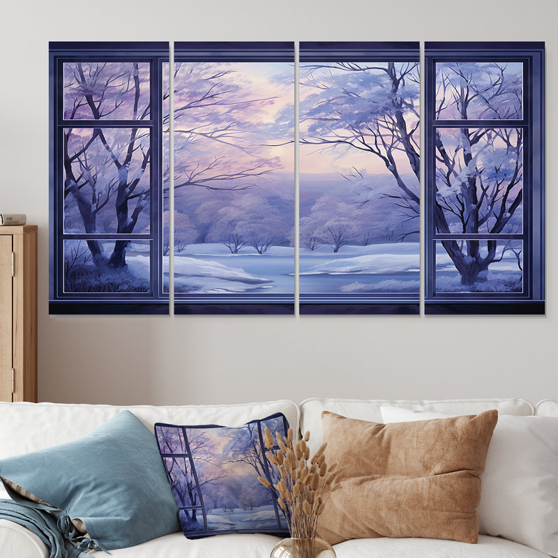 «Purple River Winter Windows IV - Winter Landscape», ensemble de 4 décorations murales, H 28 po x l 48 po