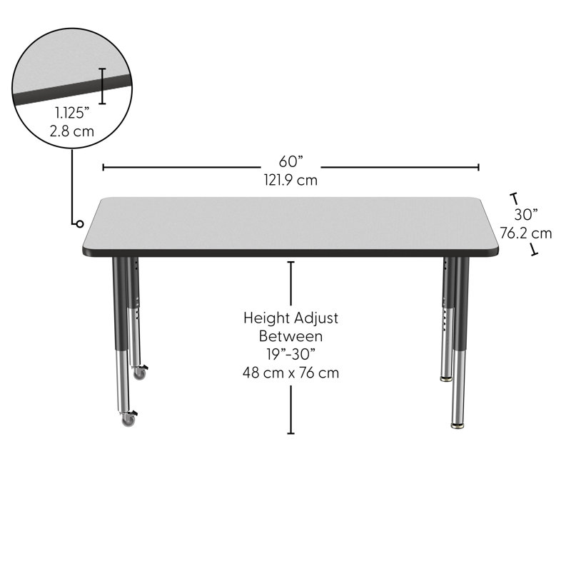 Table rectangulaire d'activité rectangulaire avec pieds réglables, Gris/noir, Super, 30" x 60"