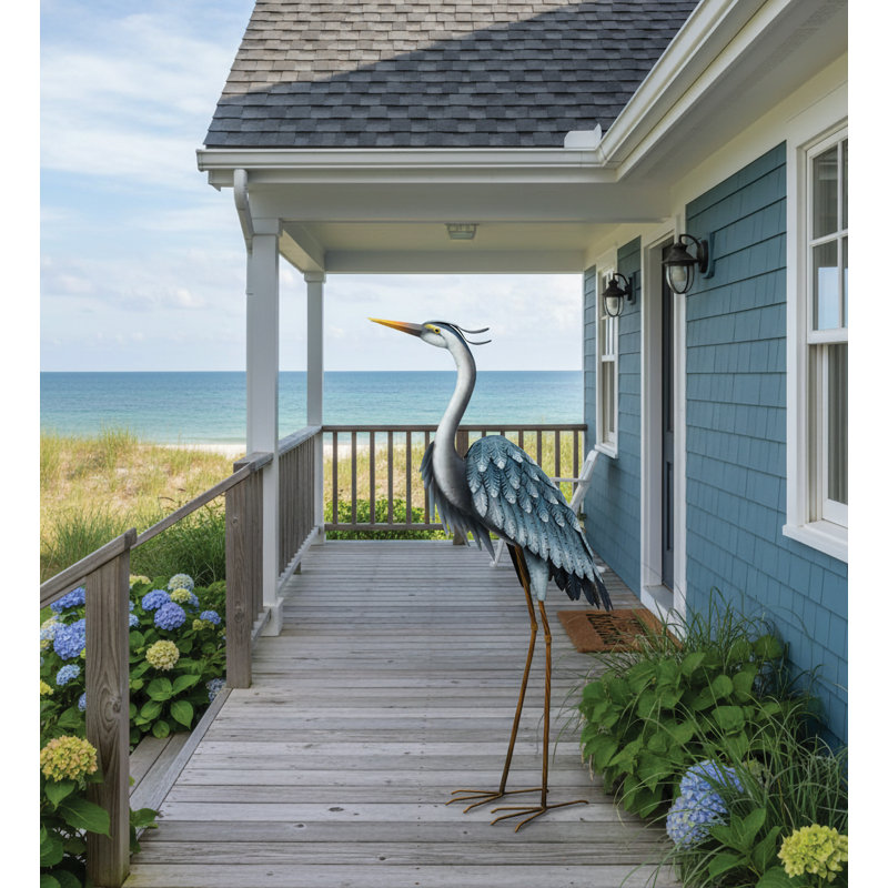 Statue de jardin en métal Blue Heron avec finition résistante aux intempéries et conception tridimensionnelle détaillée - Up
