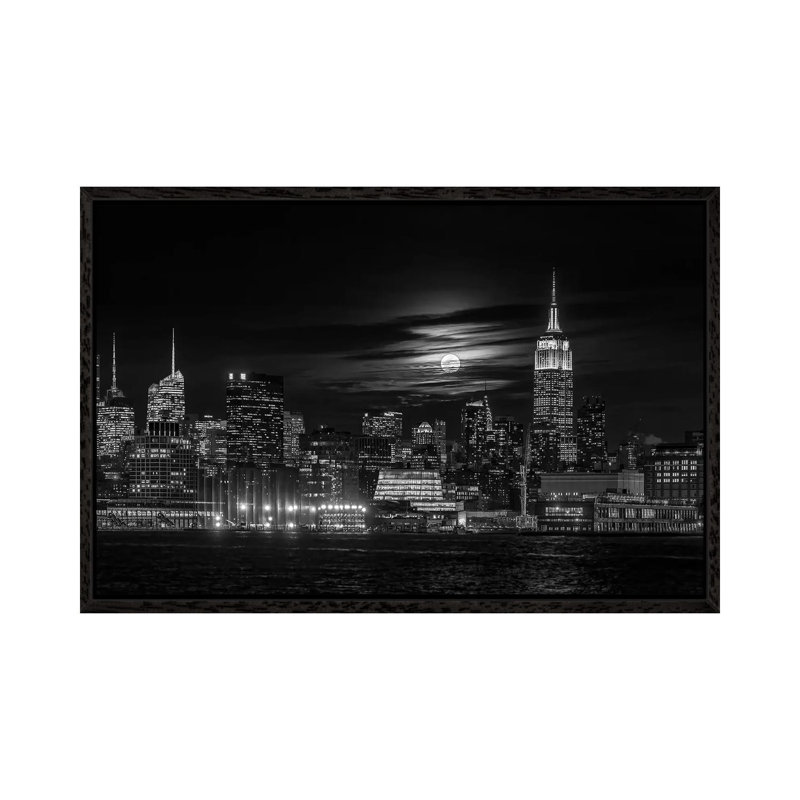 Manhattan At Night by Hua Zhu - Print on Canvas, 66.04cm H x 101.6cm W x 3.81cm D, Black Framed