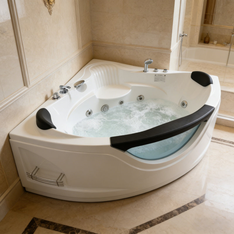 59" Corner Jetted Bathtub for 2 Person with Hydrotherapy Jets LED Light Whirlpool Tub for Bathroom