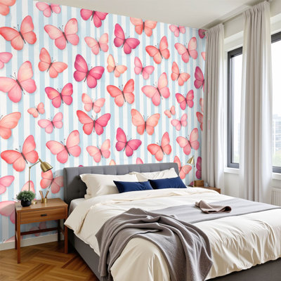 Papier peint adhésif peler et coller, papillons roses, plumes, rayures bleues, H 100 po x l 144 po, papier mural amovible en PVC, adhésif pour chambre à coucher, salon, bureau à domicile