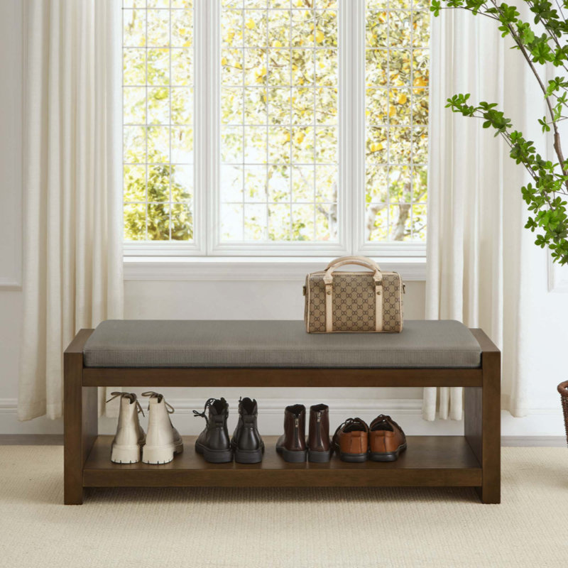 Accent Bench With Lower Shelf Shoe Rack, Padded Seating Bench For Living Room, Modern Compact Bed End Bench With Storage For Bedroom Seating, Removable Cushion