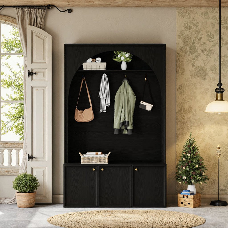 Hall Tree With Adjustable Shelves, 4 Hooks, 3 Cabinets & Bench, Mdf Mudroom Organizer For Entryway, Noir