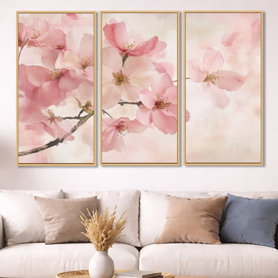 Spring Cherry Blossom Drift I – Cream Floral 3 Piece Framed Wall Art