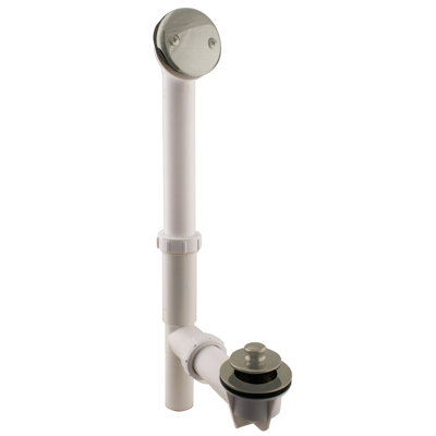 14" White Polypropylene Pull To Open Bathtub Leg Drain Assembly with Two-Hole Overflow 