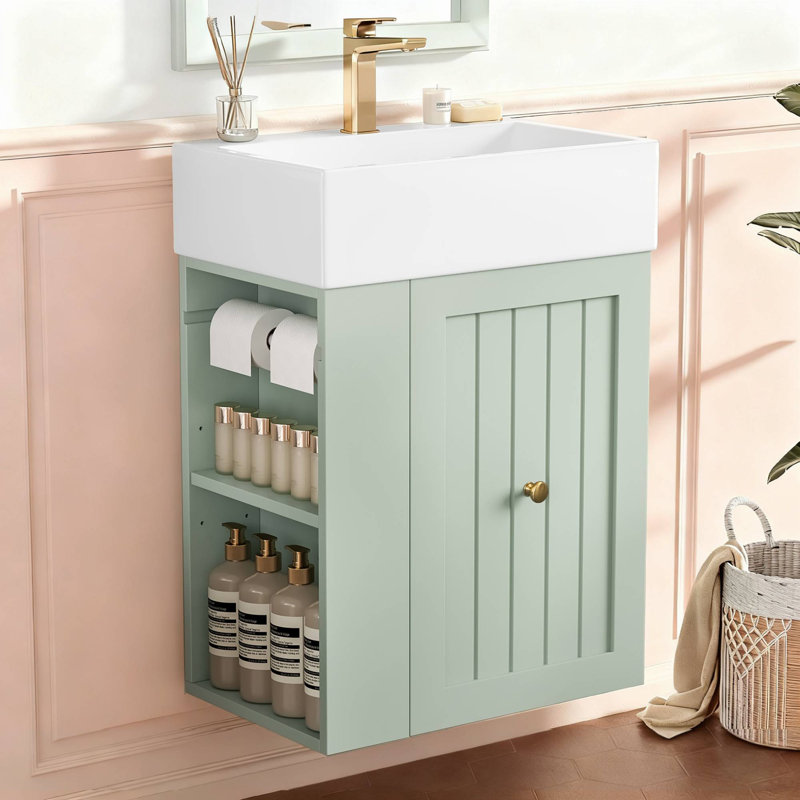 Meuble-lavabo de 20 po avec lavabo en céramique, tiroirs et tablette latérale, Vert
