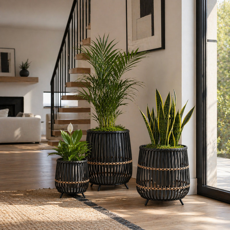 Modern Round Bamboo Wood Planters for Indoor and Outdoor Spaces - Artistic Flower Pots for Home, Living Room, or Patio Decor - Set of 3