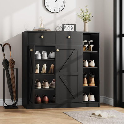 42" Farmhouse Shoe Cabinet with Barn Doors & Drawers, Adjustable Shelves Storage Organizer with Anti-Tip Design