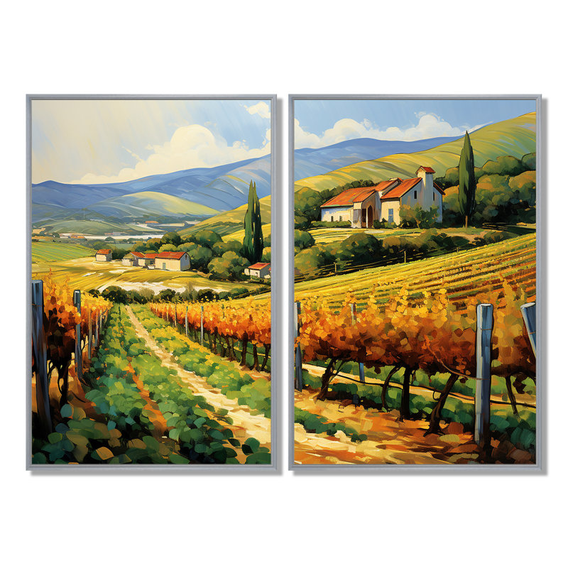 «Vangogh Sunlit Vineyard II» - art mural traditionnel jaune 2 panneaux, 36" H x 48" W, Impression encadrée flottante, Silver