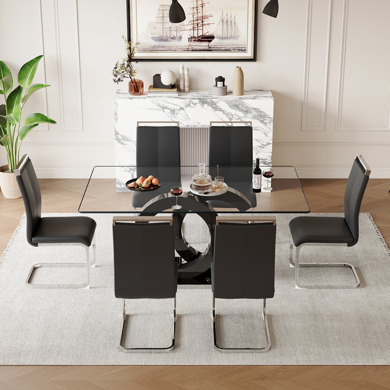 Ensemble de table de salle à manger 7 pièces 7 pièces, Argenté / Noir
