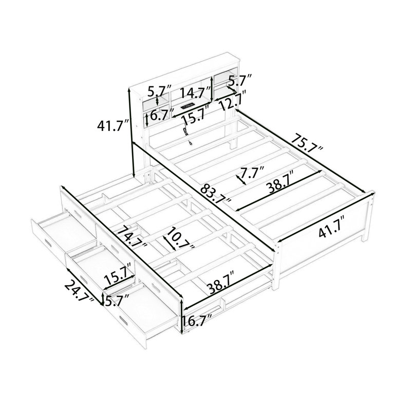 Brinna Wood Platform Bed with 3 Drawers,Storage Headboard,Twin Trundle and USB Ports, White, Twin