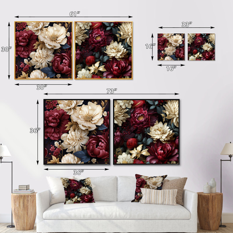 Charly - Ensemble de 2 collages carrés floraux, Cadre flottant noir, H 16 po x l 33 po