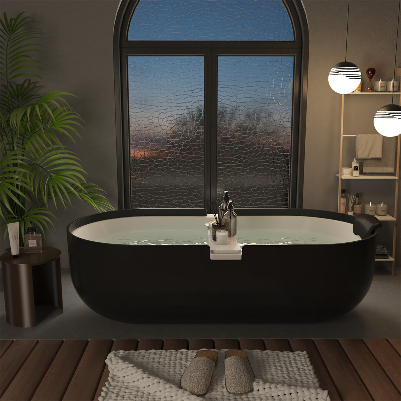 Hudson 71" x 35.4" Freestanding Soaking Bathtub Solid Surface Bathroom Tub with Black Bath