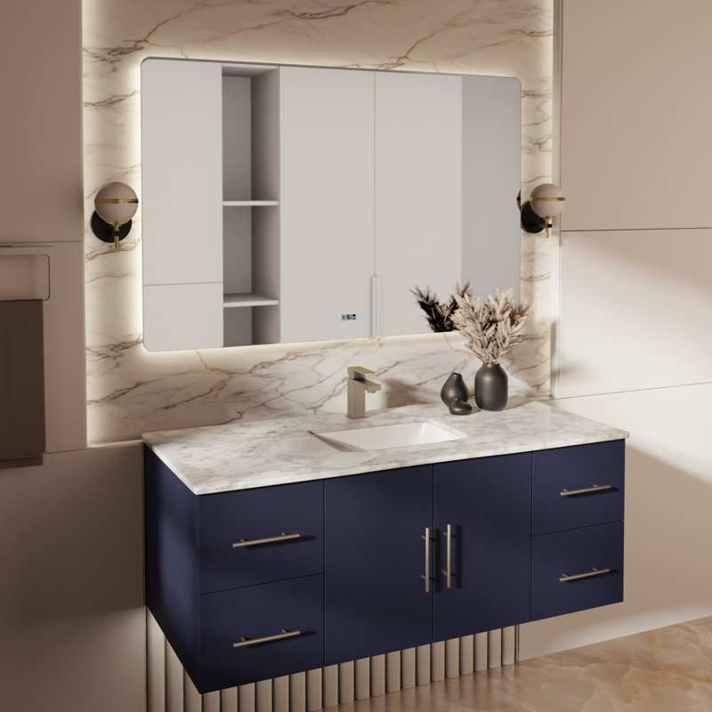 Geneva 48" Wall-Mounted Single Bathroom Vanity Set with Mirror, Navy Blue, White Carrara Marble