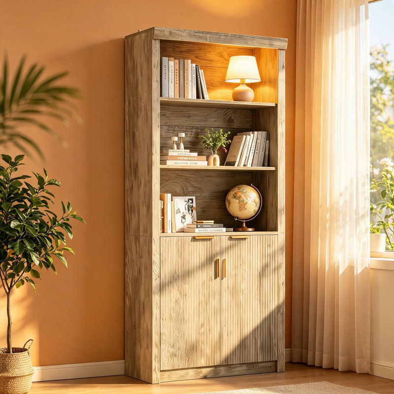 Bibliothèque de 70,9 po de hauteur avec portes cannelées, étagères de présentation à 5 niveaux avec armoire de rangement et tablette réglable, bibliothèques de style Mid-Century moderne pour le bureau à domicile et le salon.