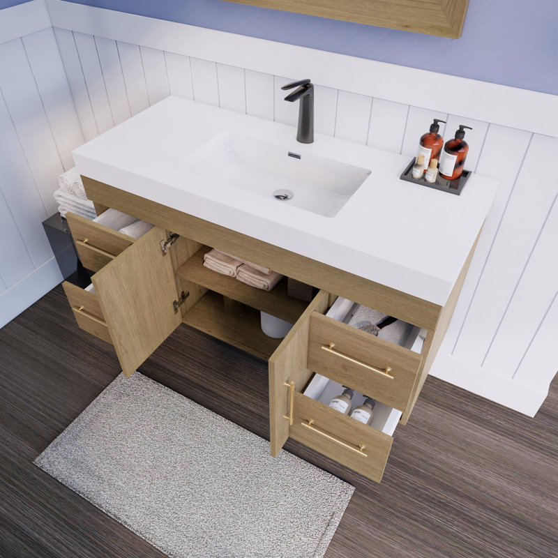 Lissy Spring 48" Wall-Mounted Single Bathroom Vanity Set, White Oak