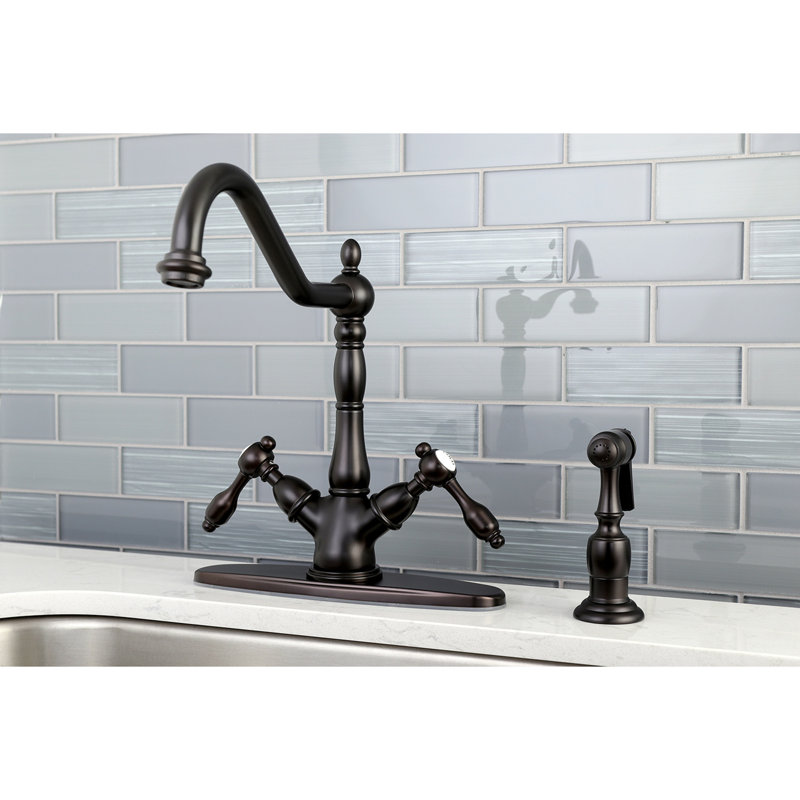 Kingston Brass Tudor Two-Handle 1-or-3 Hole Deck Mount Kitchen Faucet with Brass Sprayer, Oil Rubbed Bronze