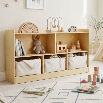 Rangement pour jouets pour enfants avec bibliothèque, 5 casiers et 3 bacs de rangement amovibles, bibliothèque basse en contreplaqué pour salle de jeux, chambre à coucher ou salle de classe