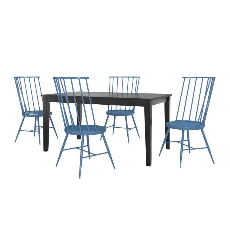 Blum 60" Black Finish Dining Set - 5-Piece, Black Dining Table And High Back Windsor Dining Chairs, Blue Steel