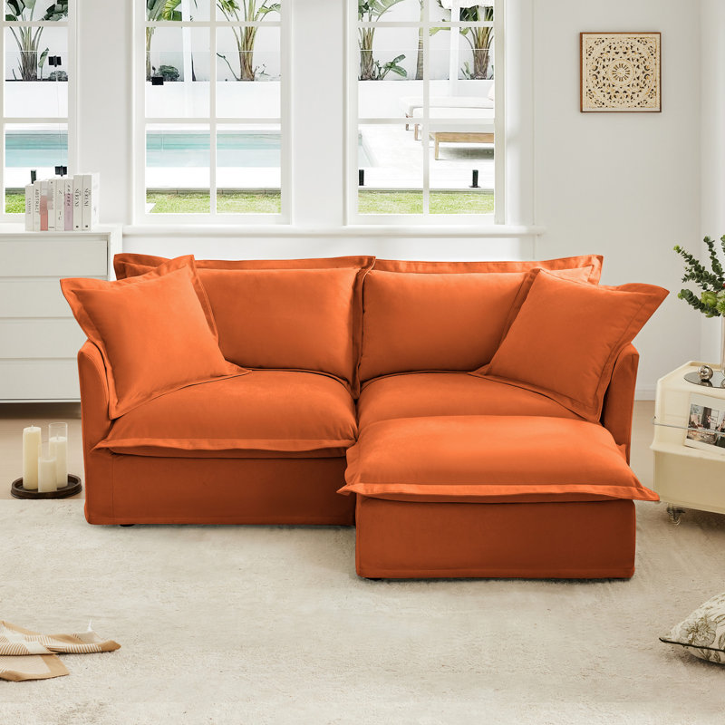 Housse 2 places orange avec housse amovible en chenille, plusieurs grands coussins, siège profond, dossier haut, conception rapide, assise modulaire à différents agencements, structure en bois, facile