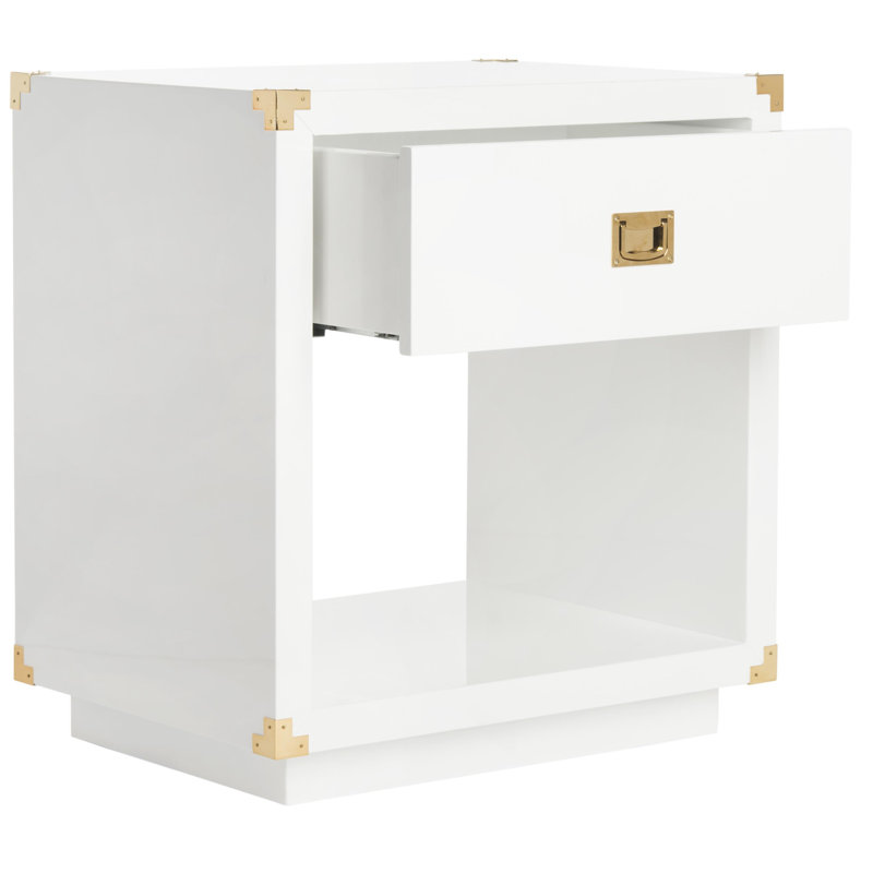 White Lacquer Rectangular Side Table with Brass Accents and Storage