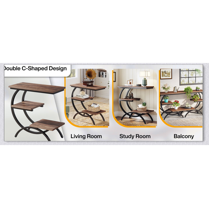 Table de bout en forme de C 11,81 pouces, table d'appoint industrielle à 3 niveaux avec tablettes de rangement, parfaite pour les petits espaces et les décors modernes