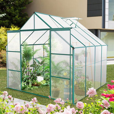 Serre en polycarbonate de 8 pi x 8 pi Walk-In, base galvanisée, idéale pour toutes les saisons de jardinage extérieur, avec base et deux portes coulissantes