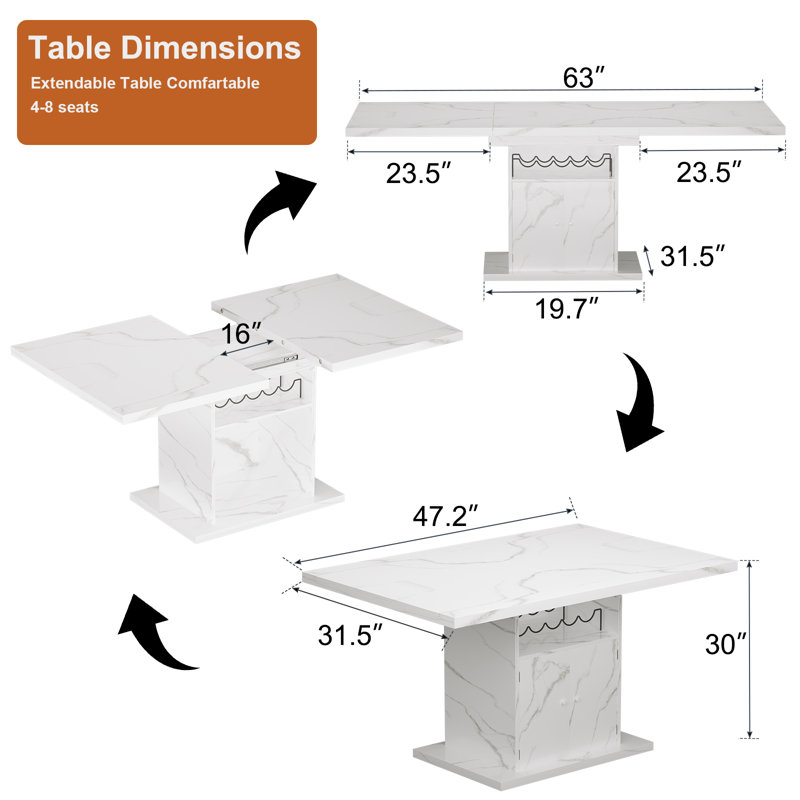 White Extendable Rectangle Dining Table with Built-In Storage and Wine Rack, Space-Saving Kitchen Table Expandable from 47.2 to 63 Inches, Seats 4 to 8 People for Family Gatherings and Everyday Meals