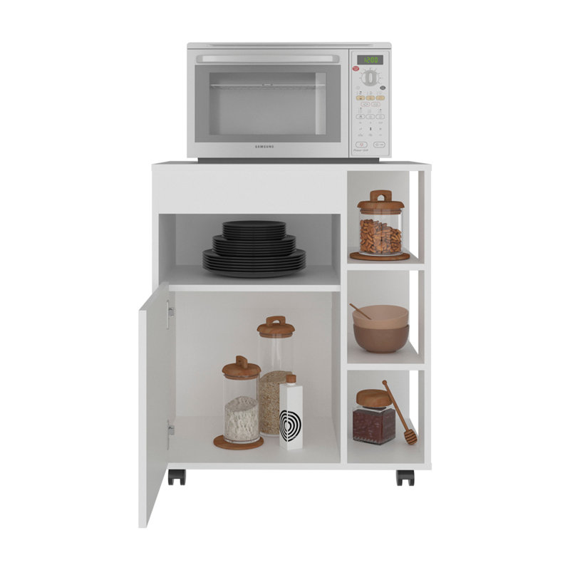 Chariot à micro-ondes Jud avec 5 tablettes, 1 porte, rangement pour armoire et roulettes, blanc
