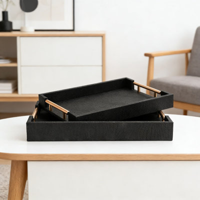 2-Piece Woven Leather Ottoman Tray Set With Gold Handles, Rectangular Decorative Serving Tray For Coffee Table, Living Room, And Home Decor