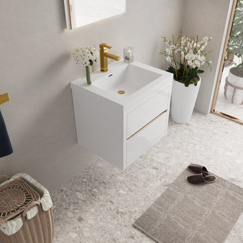 Ensemble de meuble-lavabo mural pleine grandeur 24 po avec lavabo en résine et tiroirs en chêne naturel, Brun, L 24 po