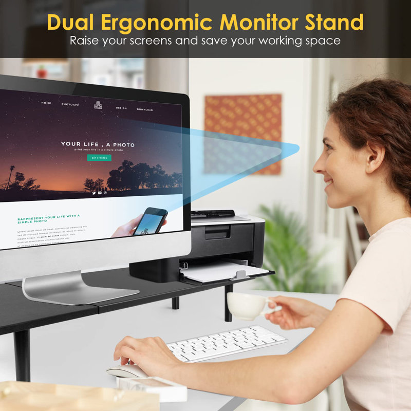 Dual-Monitor-Stand-Riser-For-Desk Adjustable Length 32-40 Inch,Large Desktop Computer Monitor Riser For 2 Screens,Desk Shelf Organizer Riser Stand For Computer/Laptop/PC/Printer/TV Black