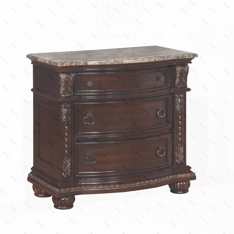 Carennac Traditional Style, End Table,  3-Drawer Nightstand, Bedroom Nightstand, Brown