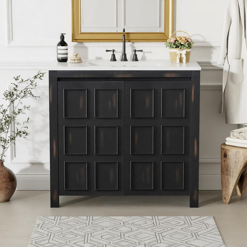 36" Bathroom Vanity Organizer With Ceramic Sink Soft Close Doors, Adjustable Shelves, Espresso
