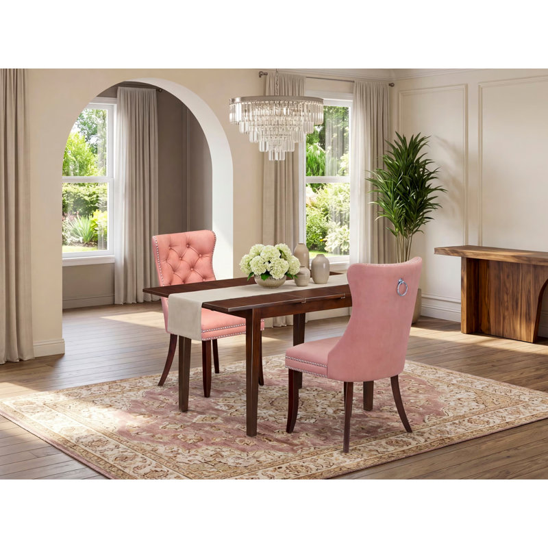 Ensemble de salle à manger 3 pièces composé d'une table de cuisine rectangulaire avec rallonge amovible et 2 chaises Parson, acajou