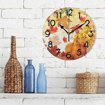 Wamika 10 Inch Battery Operated Quartz Silent Wall Clock, Fall Leaves Design, Easy To Read, Non-Ticking, Ideal For Bedrooms, Living Rooms, Offices