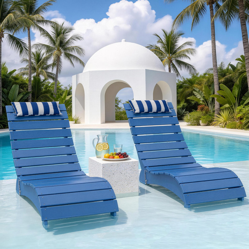 HDPE Patio Chaise Lounge, Waterproof Ergonomic Design with 3-Position Adjustable & Headrest, for Pool, Deck & Beach, Blue